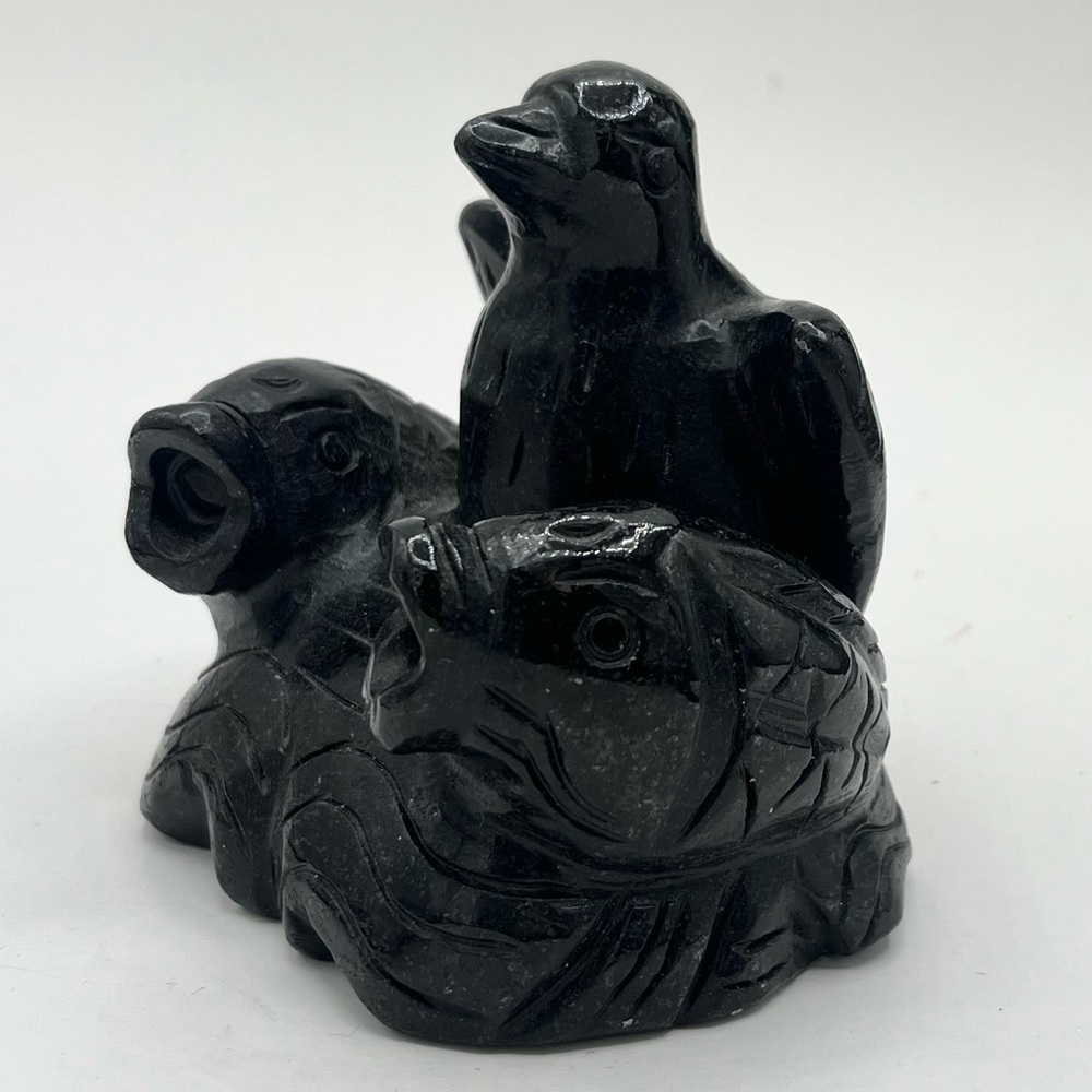 ELEGANTCHARM Chinese Hand Carved Black Stone Bird and Fish Figurine 3.5” EUC